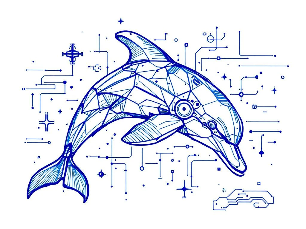 Hand-getekende blauwe dolfijn illustratie met geometrische vormen en tech-elementen in schetsmatige stijl