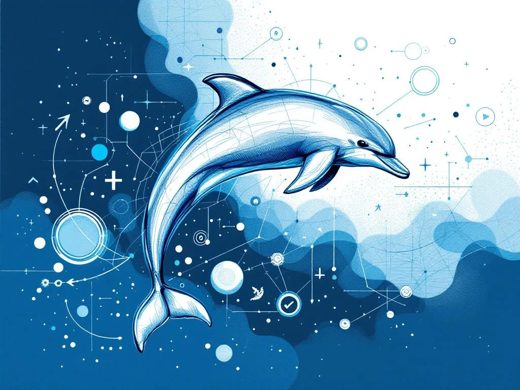 Abstracte dolfijn illustratie springend door geometrische pijplijn elementen in blauwe hand-getekende schets stijl