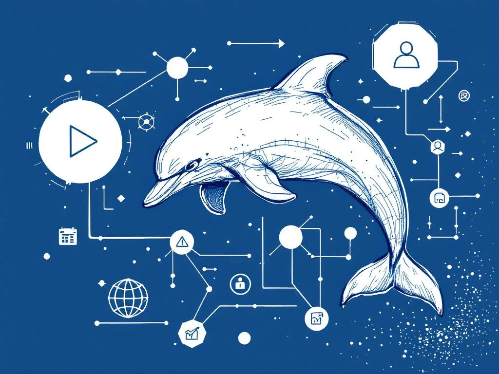 Handgetekende dolfijn springt door geometrische vormen en digitale workflow-elementen in blauw-wit kleurenpalet