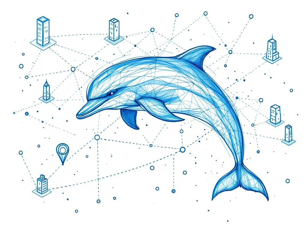 Hand-getekende dolfijn springt door digitale netwerk met verbindingslijnen en gebouwen in blauw-wit schetsstijl