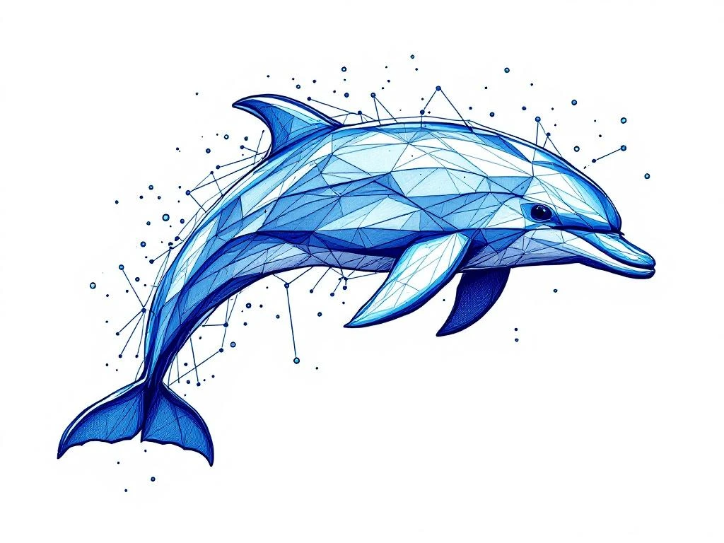 Abstracte blauwe dolfijn illustratie in geometrische schets stijl met technologie netwerk elementen op witte achtergrond