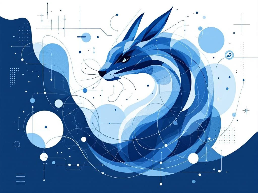 Abstracte dolfijn in schetsmatige stijl springt door digitale omgeving met HR-technologie iconen en recruitment symbolen