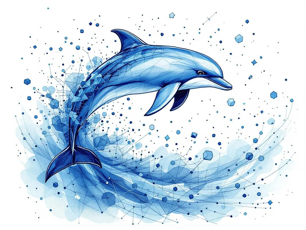 Handgetekende dolfijn springt door digitale wolken met AI-circuits in blauw-wit kleurenschema