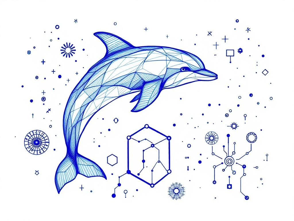 Schetsachtige blauwe dolfijn springt door digitale AI-symbolen en circuitpatronen in handgetekende stijl