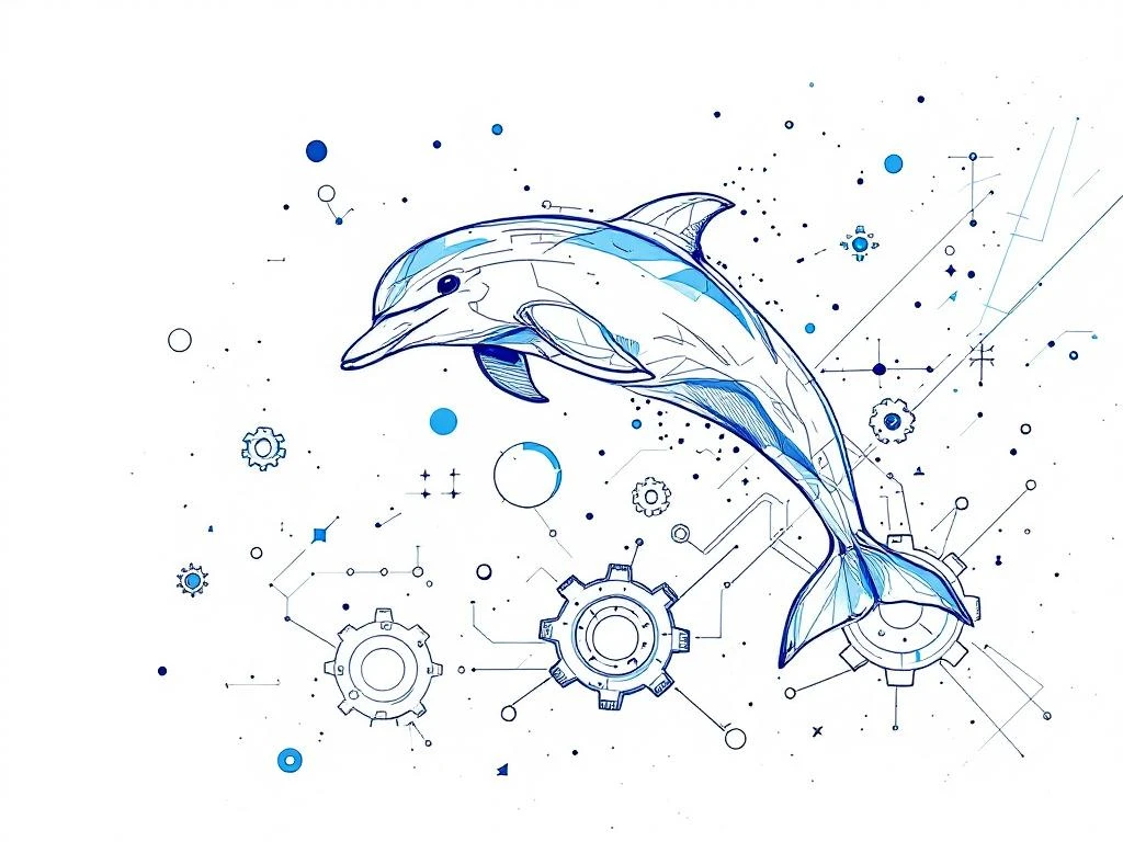 Handgetekende dolfijn springt door automatiseringsymbolen zoals tandwielen en datastromen in blauw-wit kleurenschema