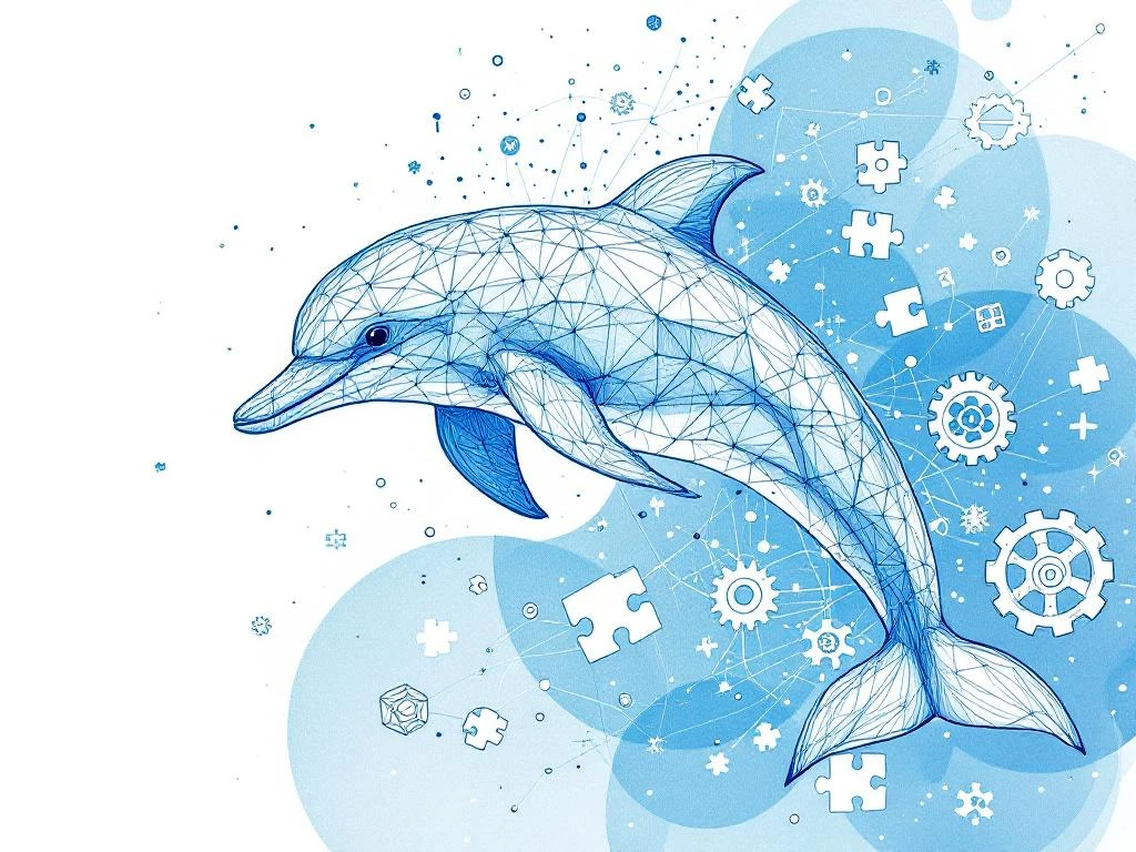 Abstracte dolfijn illustratie met geometrische nodes en datalijnen, omringd door HR-tools zoals tandwielen en puzzelstukjes