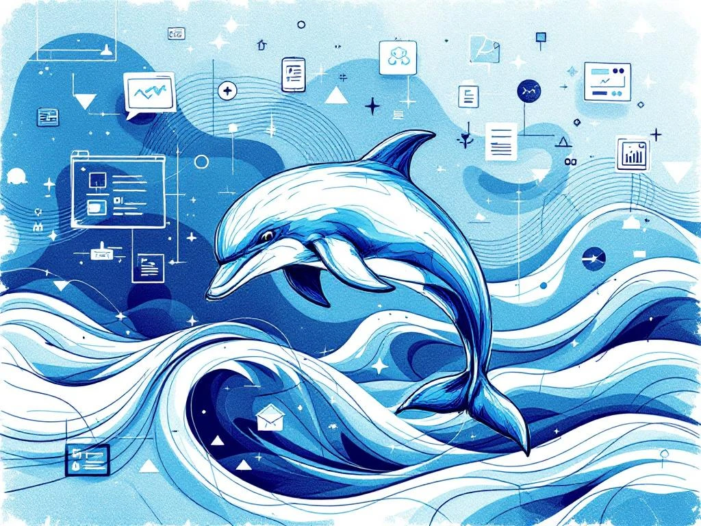 Abstracte dolfijn springt door digitale golven met rekruteringsiconen in blauw-witte handgetekende stijl