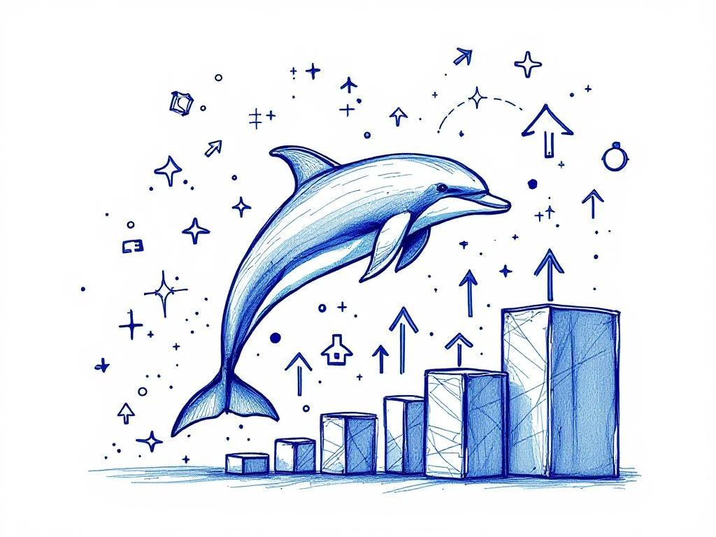 Abstracte dolfijn illustratie in blauwe handgetekende stijl met pijlen en groei-elementen voor bedrijfsgroei