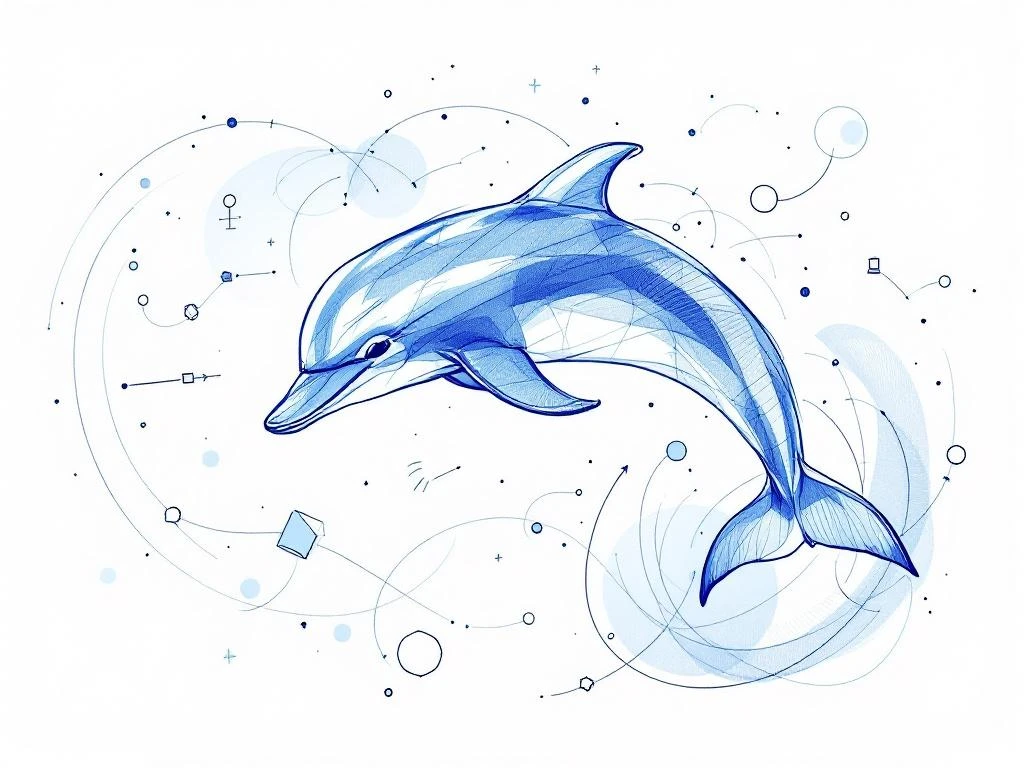 Handgetekende dolfijn springt door digitale datastromen, symboliseert recruitment automatisering in blauw-wit