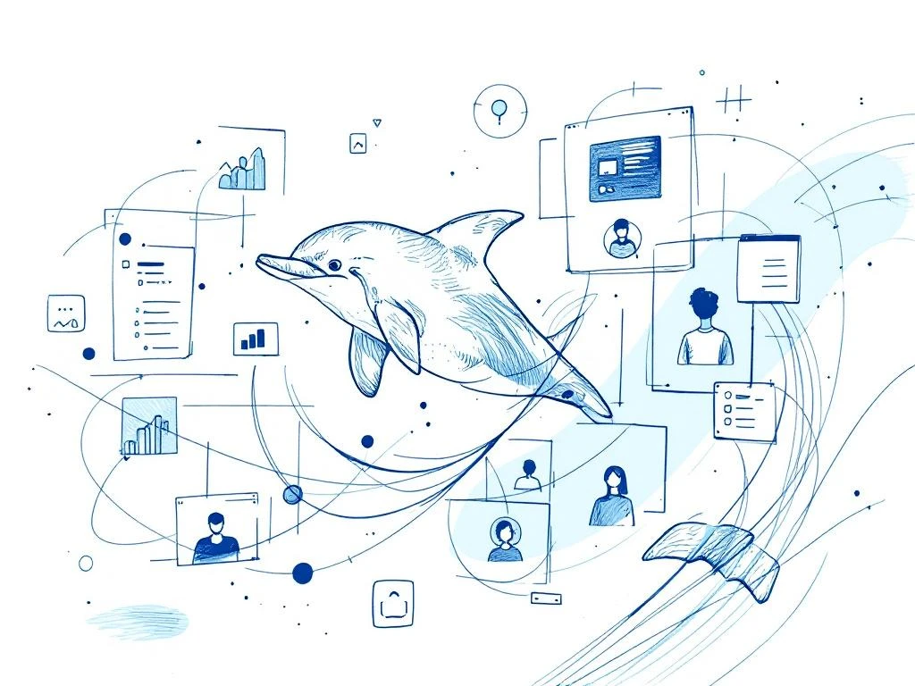 Hand-getekende dolfijn in blauw en wit zwemt door geometrische vormen van digitale recruitmentinterfaces