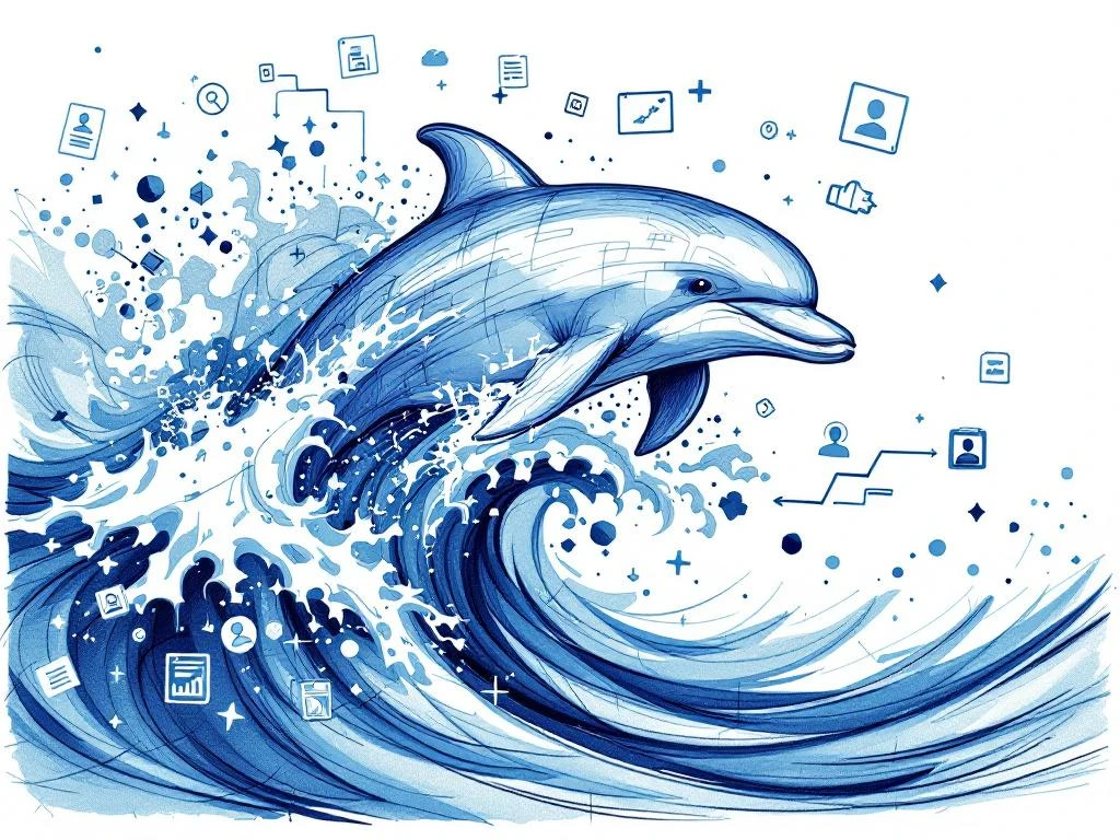 Abstracte dolfijn springt door digitale golven met recruitment iconen in blauw-wit tech stijl