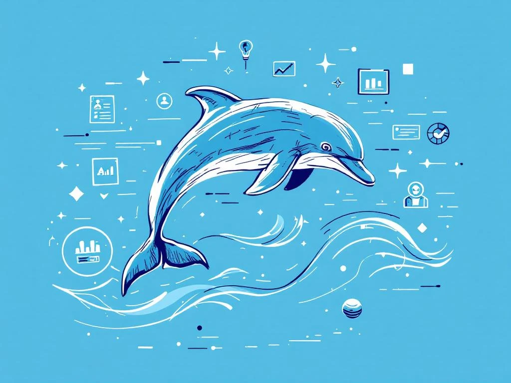 Handgetekende dolfijn springt door digitale golven met recruitment-iconen, blauwe en witte kleuren, tech-thema