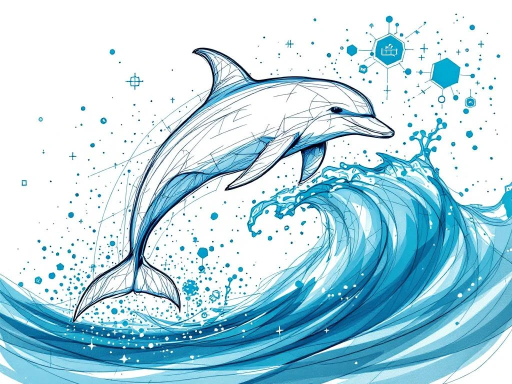 Handgetekende dolfijn springt door digitale golven van datastromen, symboliseert slimme recruitment technologie