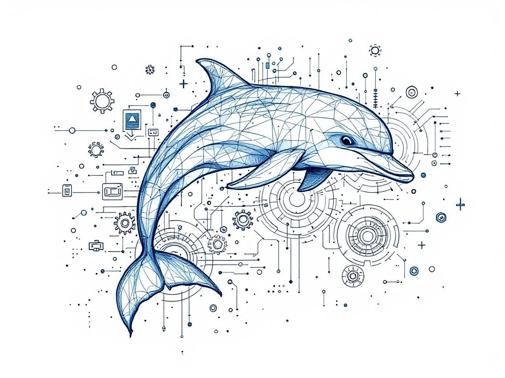 Handgetekende dolfijn springt door technische symbolen zoals tandwielen en circuits in blauw-wit kleurenpalet