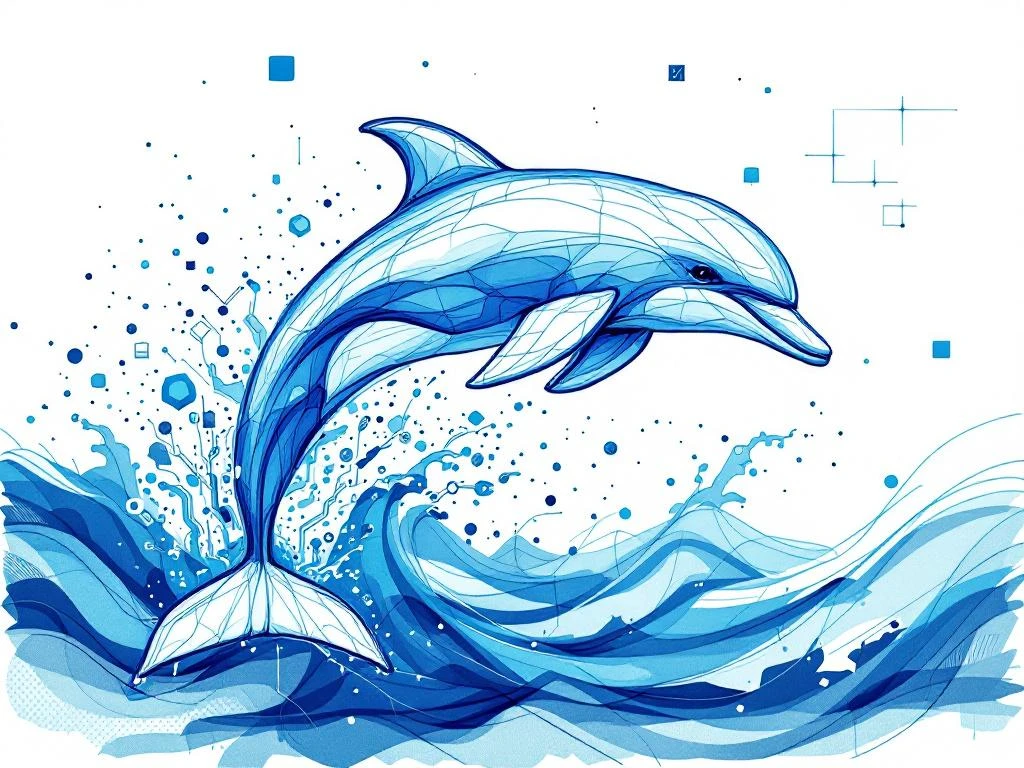 Abstracte dolfijn springt door digitale golven van datastromen en circuits, hand-getekend in blauw-wit kleurenschema