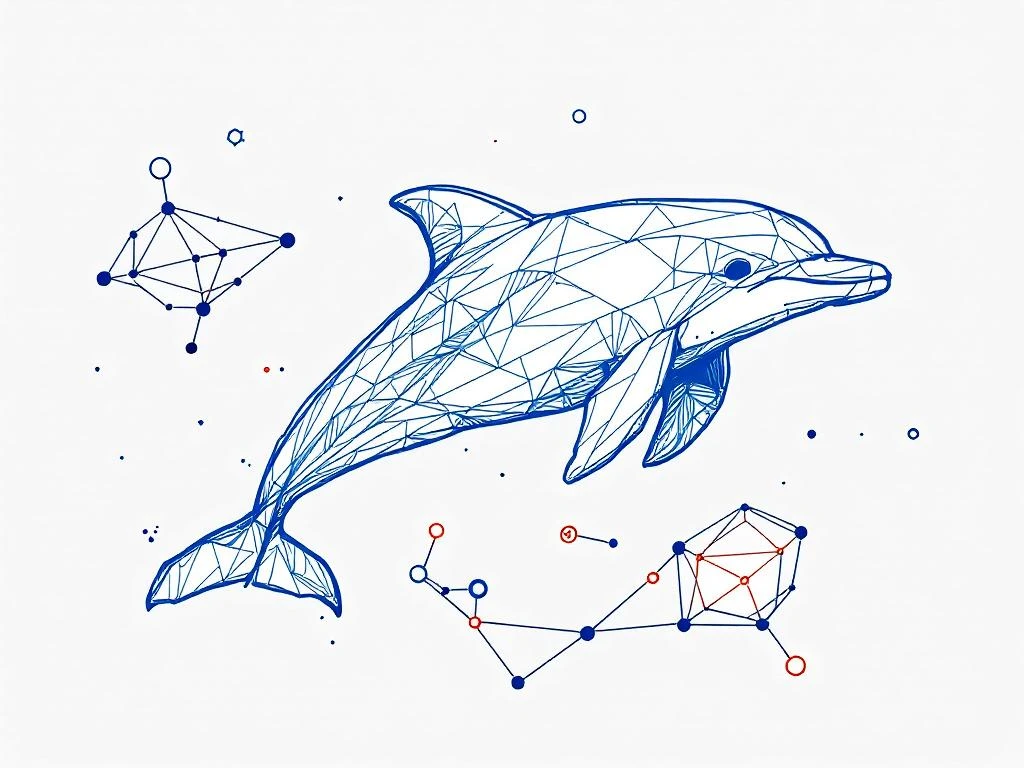 Abstracte dolfijn illustratie in blauw en wit met geometrische vormen en recruitment software elementen in schetsmatige stijl