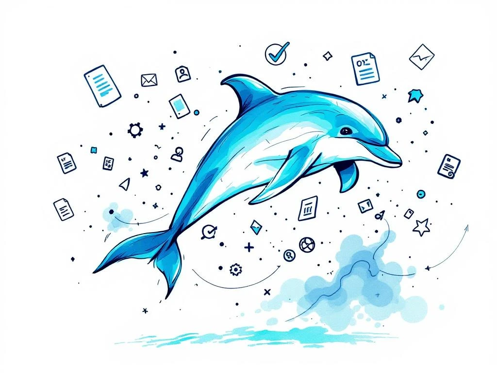 Schetsmatige dolfijn springt door digitale datastromen met CV-iconen en vinkjes in blauw-wit kleurenpalet