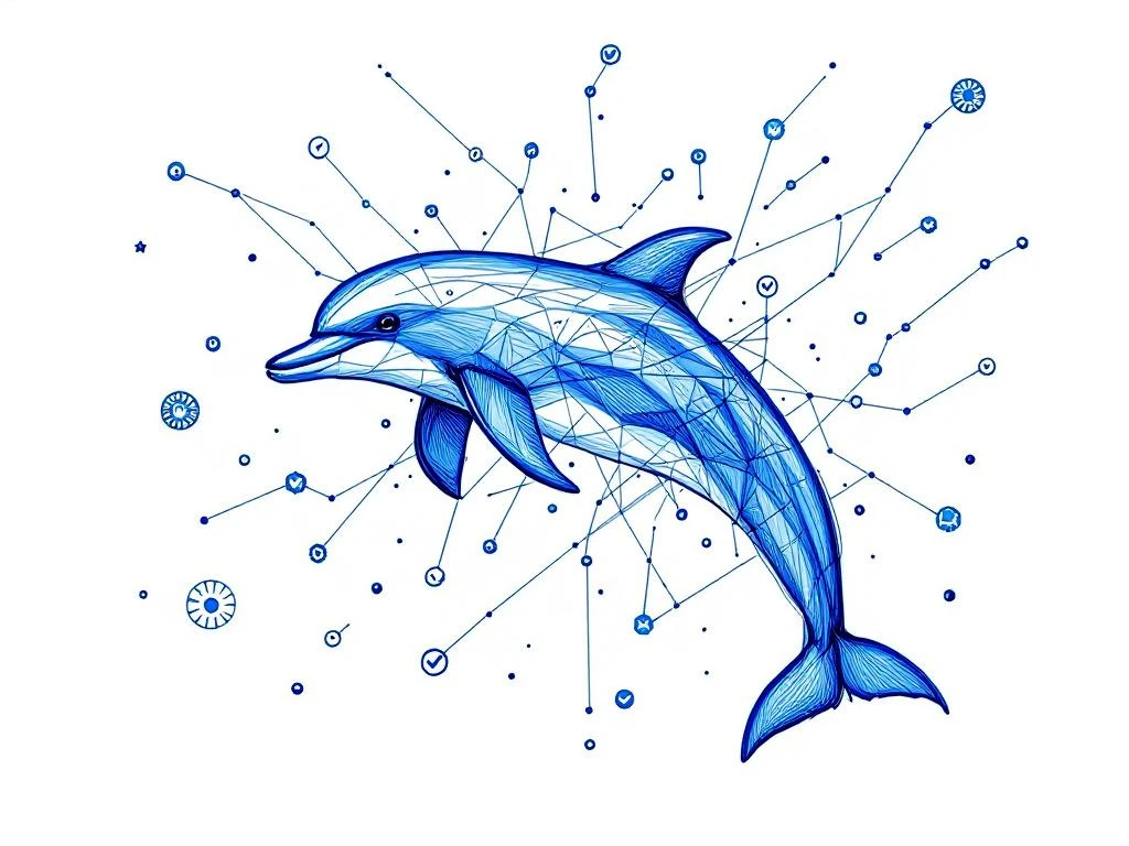 Handgetekende blauwe dolfijn springt door geometrisch netwerk van dataknooppunten, symboliseert geautomatiseerde selectie
