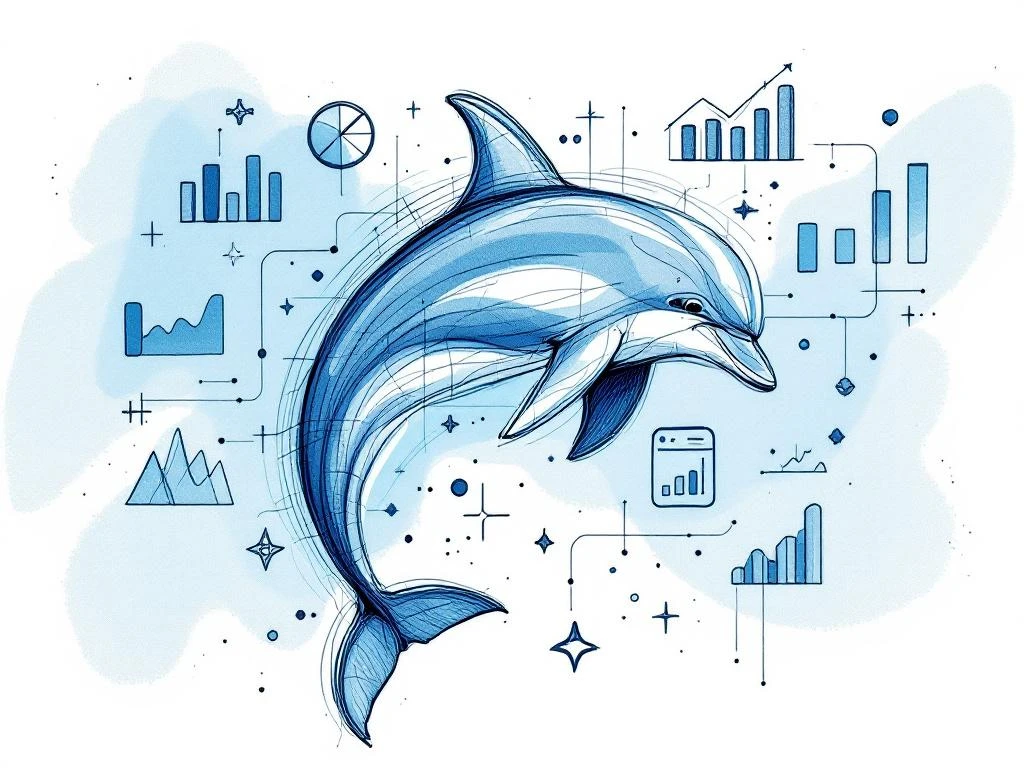 Abstracte dolfijn illustratie in schetsstijl zwemt door digitale datastromen en analytics grafieken in blauw-wit