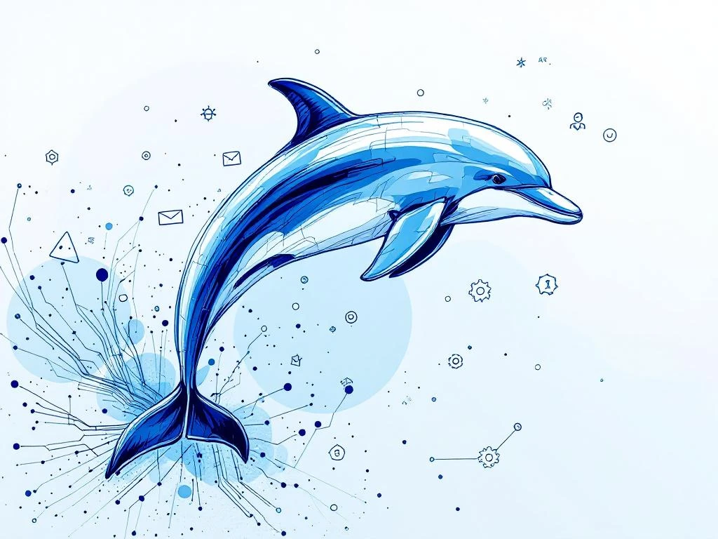 Handgetekende dolfijn springt door digitale HR-elementen zoals cv's en automatiseringsradertjes in blauw-wit