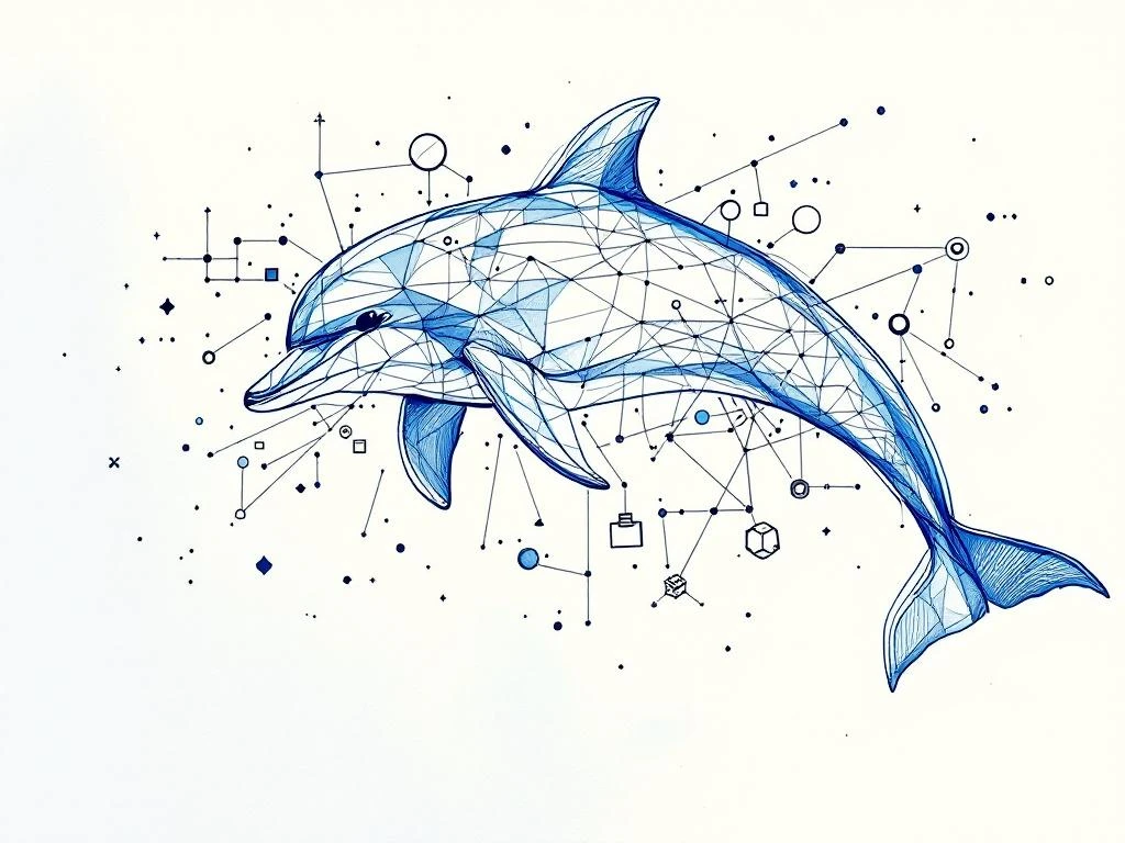 Hand-getekende schetsmatige dolfijn in blauw en wit die overvloeit in geometrische wervingsdiagrammen en datavisualisatie