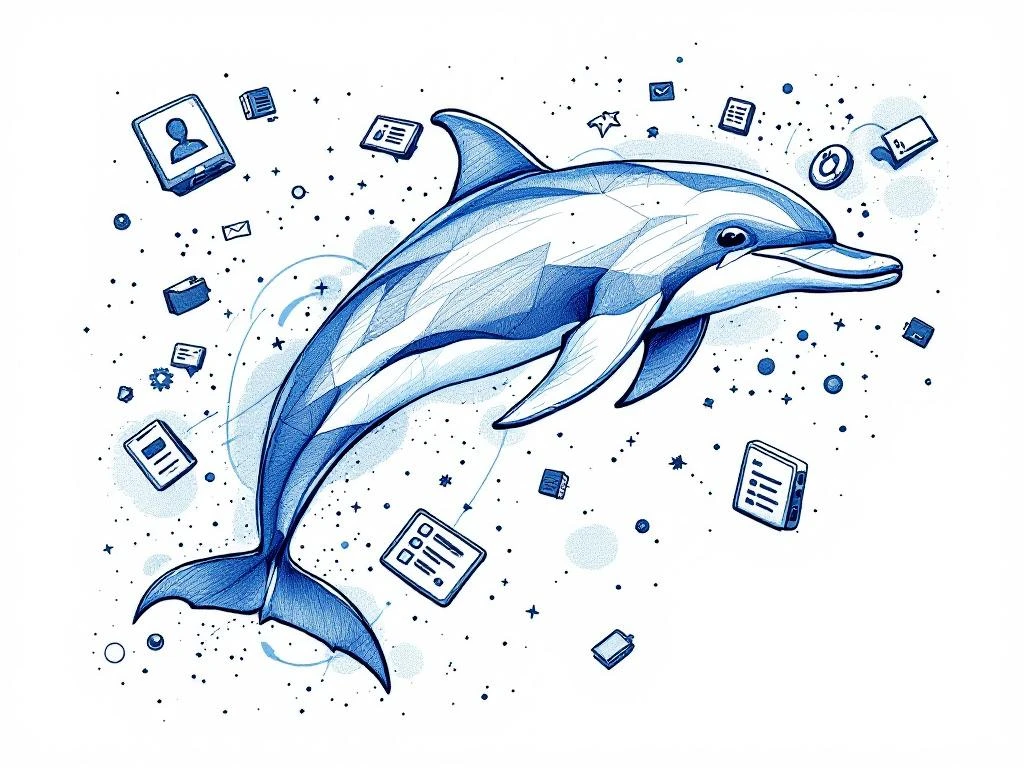 Abstracte dolfijn in potloodschets stijl springt tussen digitale datastromen en HR-systemen in blauw-wit palet