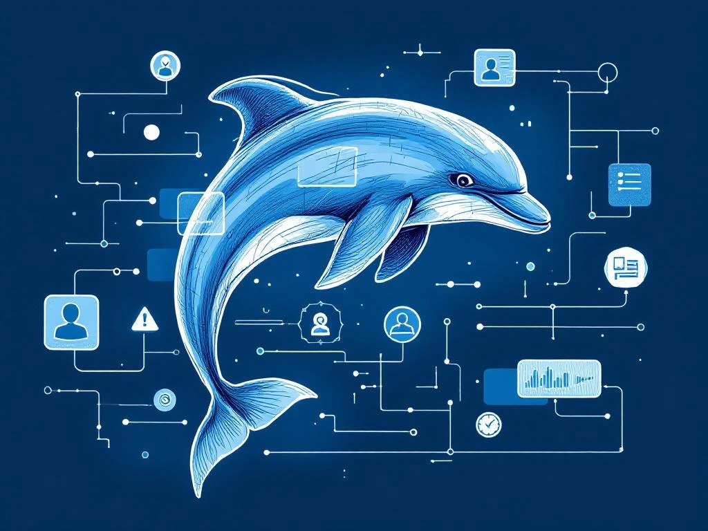 Abstracte dolfijn in blauwe tinten zwemt door digitale HR-elementen zoals cv-iconen en verbindingslijnen