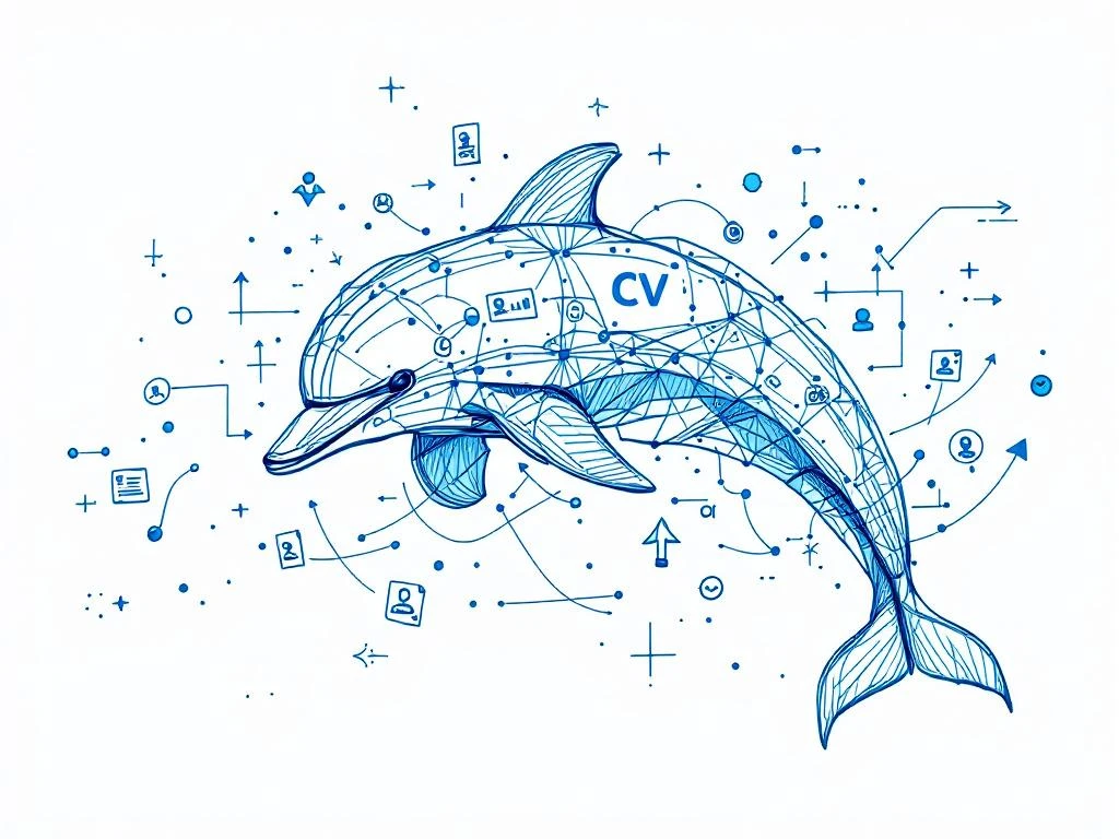Abstracte dolfijn illustratie met digitale nodes, CV-documenten en recruitment elementen in blauw-wit potloodstijl