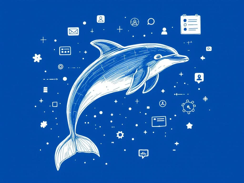 Abstracte dolfijn illustratie in blauw-wit die door digitale datastromen springt, symboliseert geautomatiseerde recruitment