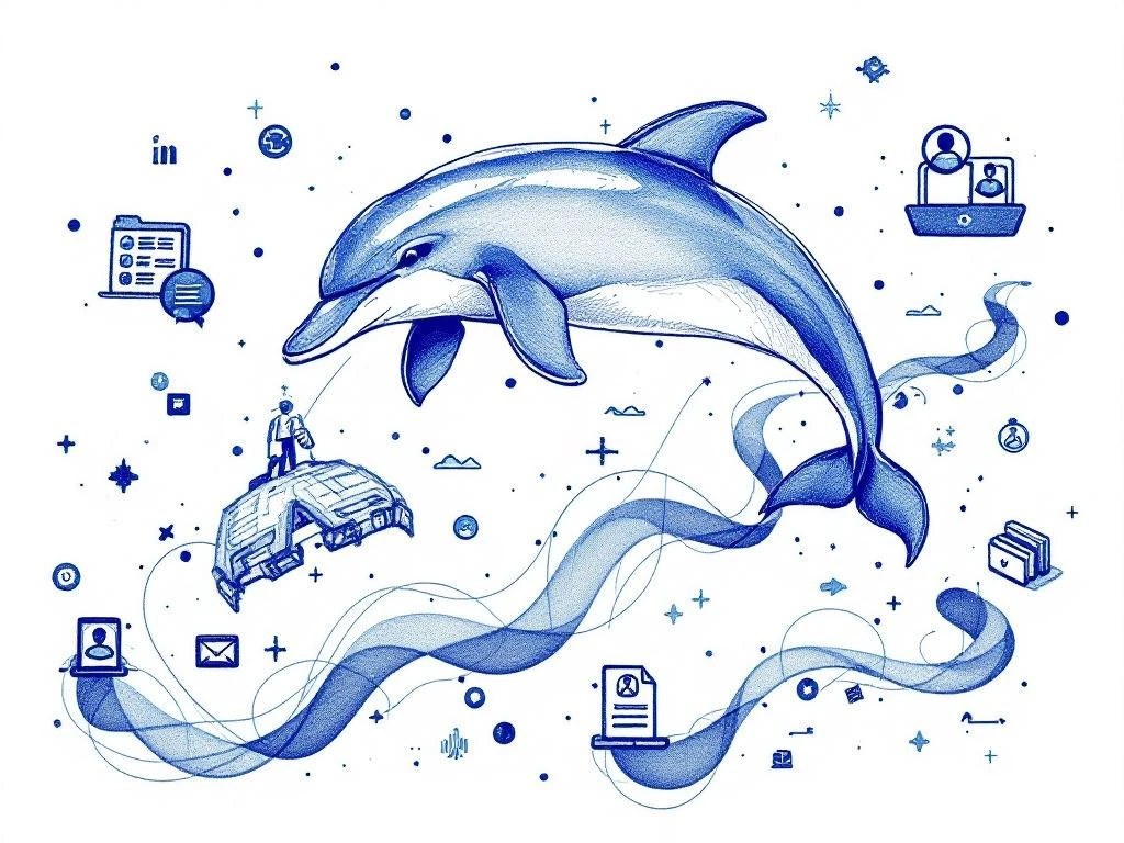Abstracte dolfijn springt door blauwe kanalen met cv-iconen en digitale workflow-elementen in geschetste stijl