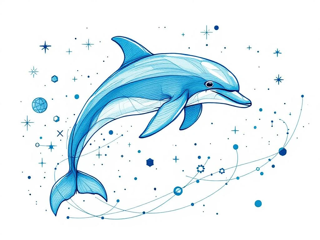 Abstracte dolfijn springt door digitale elementen die recruitment software voorstellen in blauw-wit handgetekende stijl