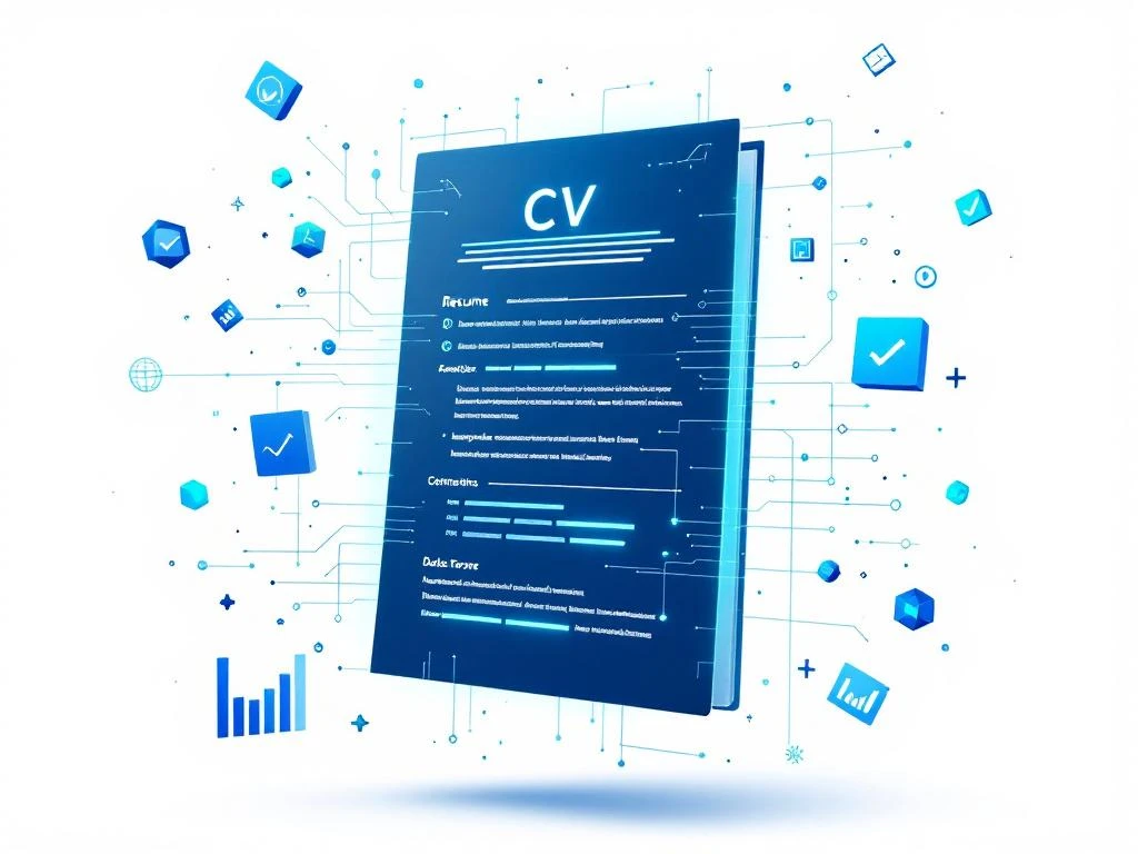 CV-document met AI-circuitpatronen en blauwe scannerstralen, omgeven door data-analyse elementen op tech achtergrond
