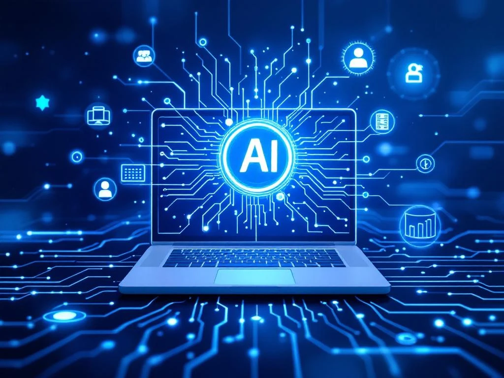 Computer met AI-circuits verbonden aan HR-systeem iconen door blauwe datastromen, centraal gloeiend AI-brein symbool