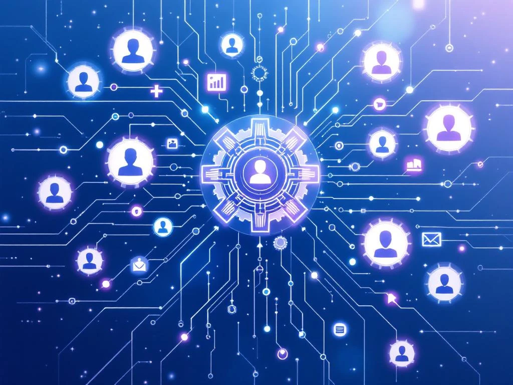 AI-robot hersenen met tandwielen omringd door cv-iconen en kandidaatprofielen in blauw-wit tech illustratie