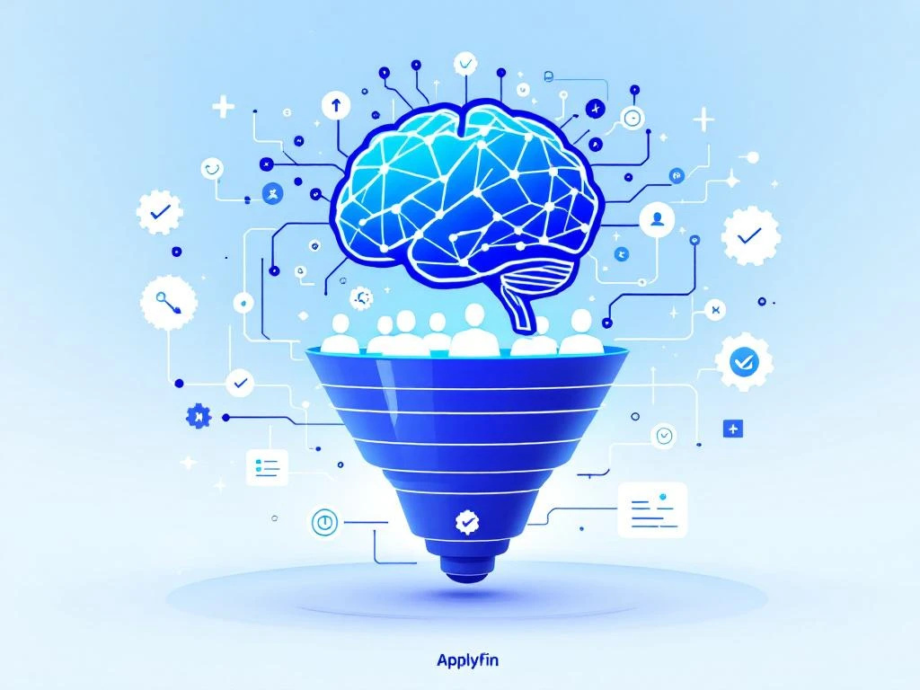 AI-brein met neurale netwerken boven wervingsfunnel met kandidaatprofielen en filterelementen in blauw-wit design