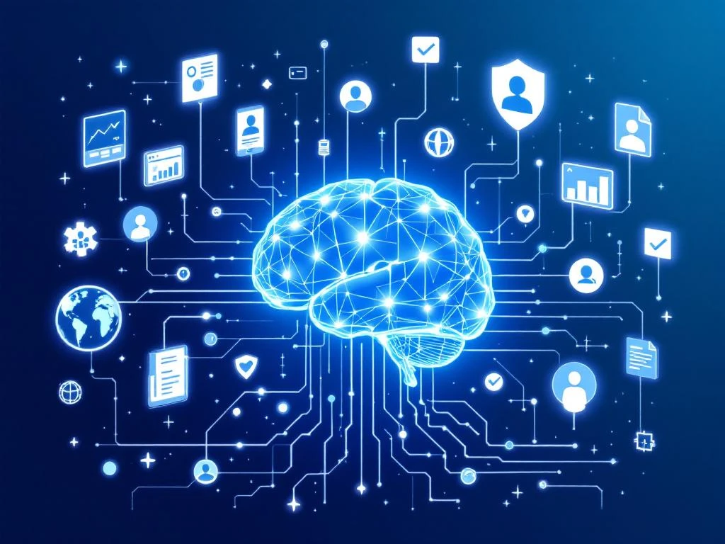 AI-neurale netwerk in blauw verbonden met zwevende datavisualisaties, grafieken en kandidaatprofielen voor recruitment
