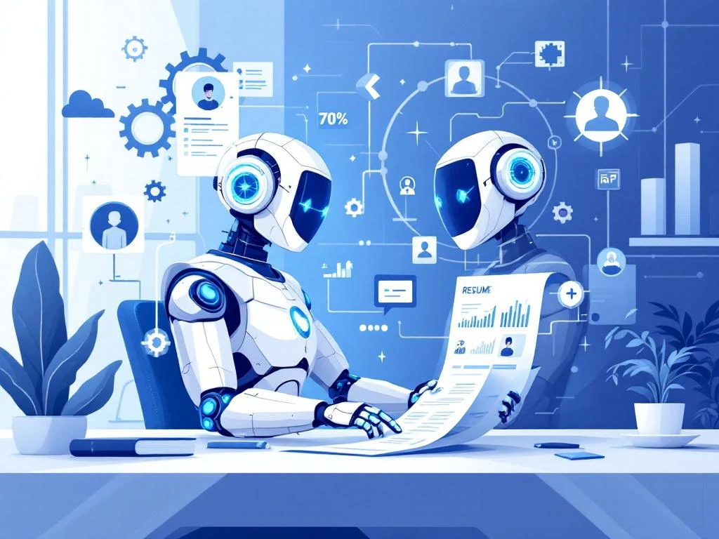 Blauwe AI-robot sorteert digitale cv's aan bureau met automatiseringsiconen en workflows in moderne kantooromgeving
