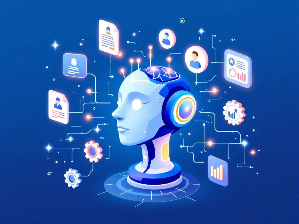 AI-robot hoofd omringd door zwevende rekruteringstools zoals cv's, profielen en analysegrafieken in blauw-wit design