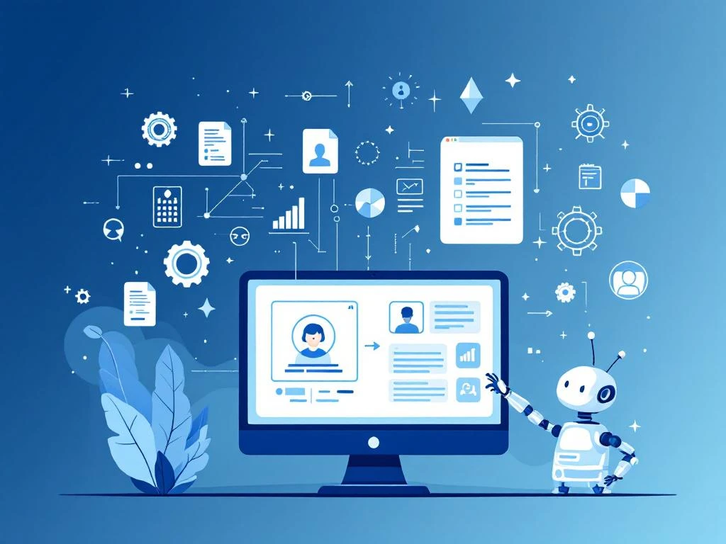 Computer toont AI-recruitmentinterface met neurale netwerken, kandidaatprofielen en robothand die cv's digitaliseert