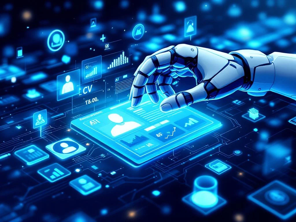 Geanimeerde robothand sorteert digitale CV's op futuristisch AI-dashboard met holografische symbolen in blauw-wit design
