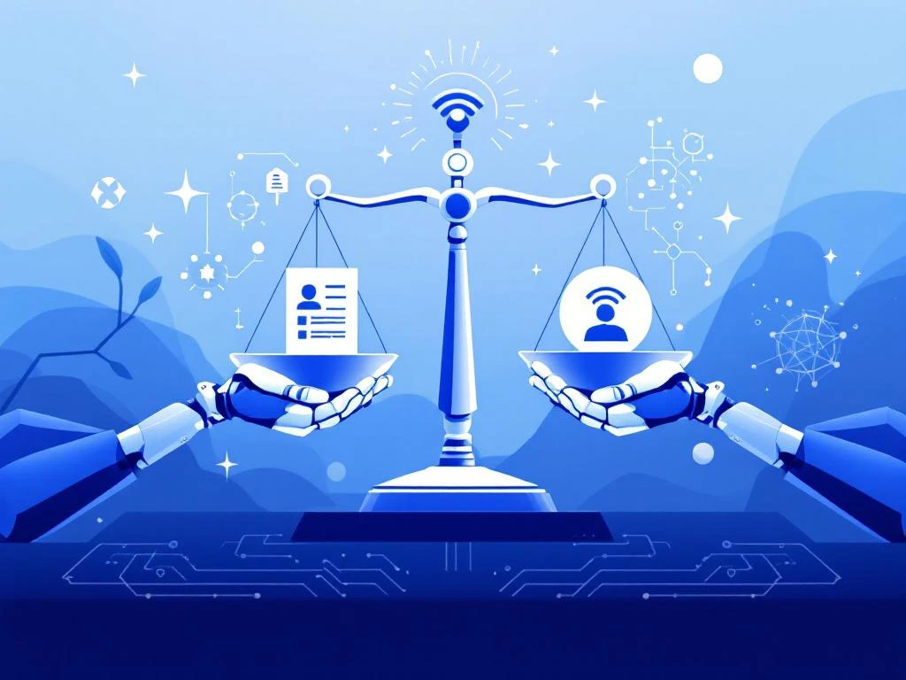 Gebalanceerde weegschaal met traditionele werving en AI-elementen, robotische en menselijke handen werken samen voor eerlijke aanwerving