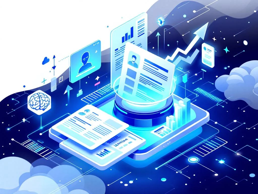 Futuristische AI-recruitmentdashboard met geautomatiseerde sollicitatieverwerking en productiviteitsgrafieken in blauw-wit