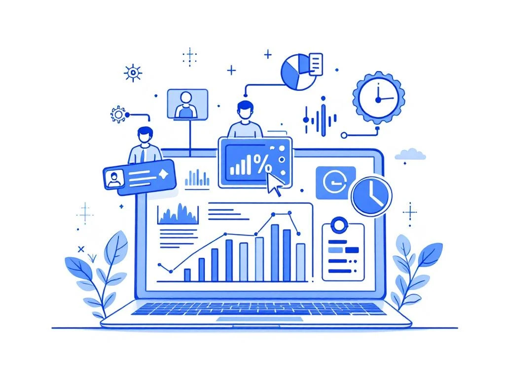 Digitaal dashboard met zwevende AI-wervingsstatistieken, grafieken en kandidaatpictogrammen in blauw-wit design