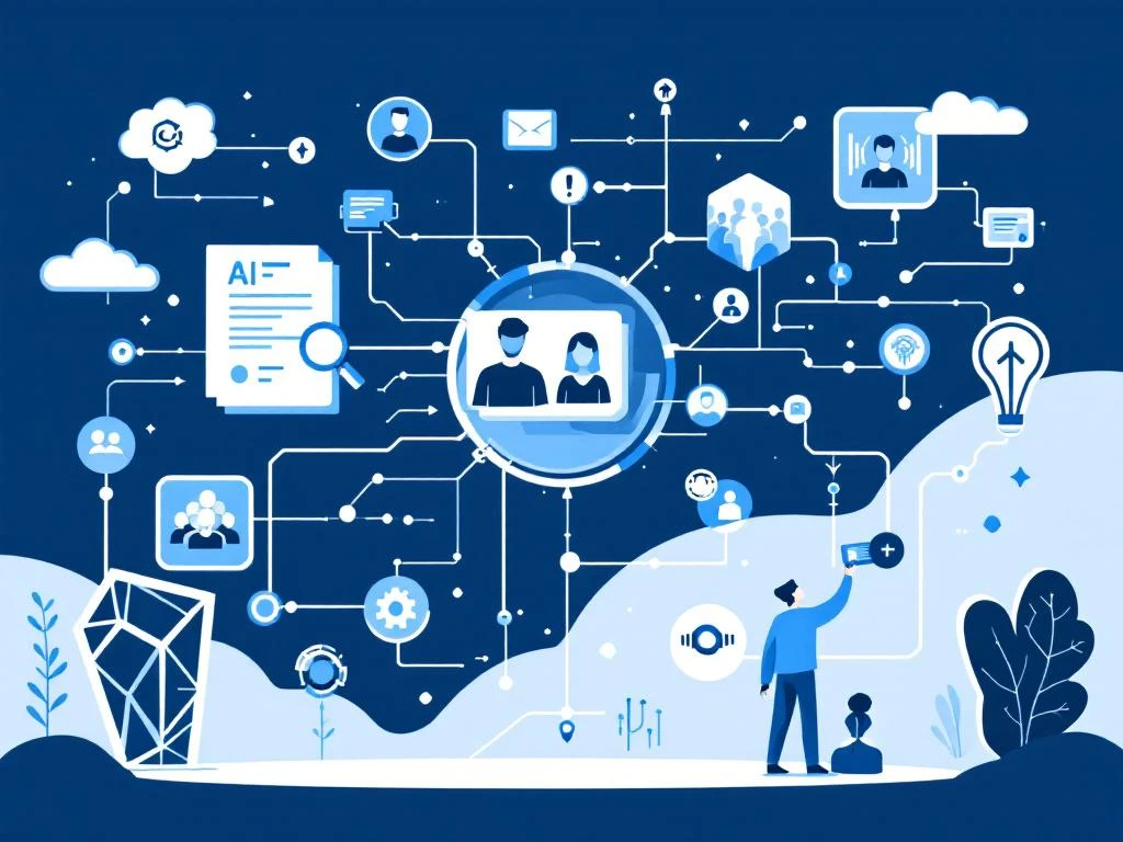 Digitale AI-wervingsinterface met gekoppelde knooppunten, cv-documenten en geautomatiseerde workflow in blauw-wit design