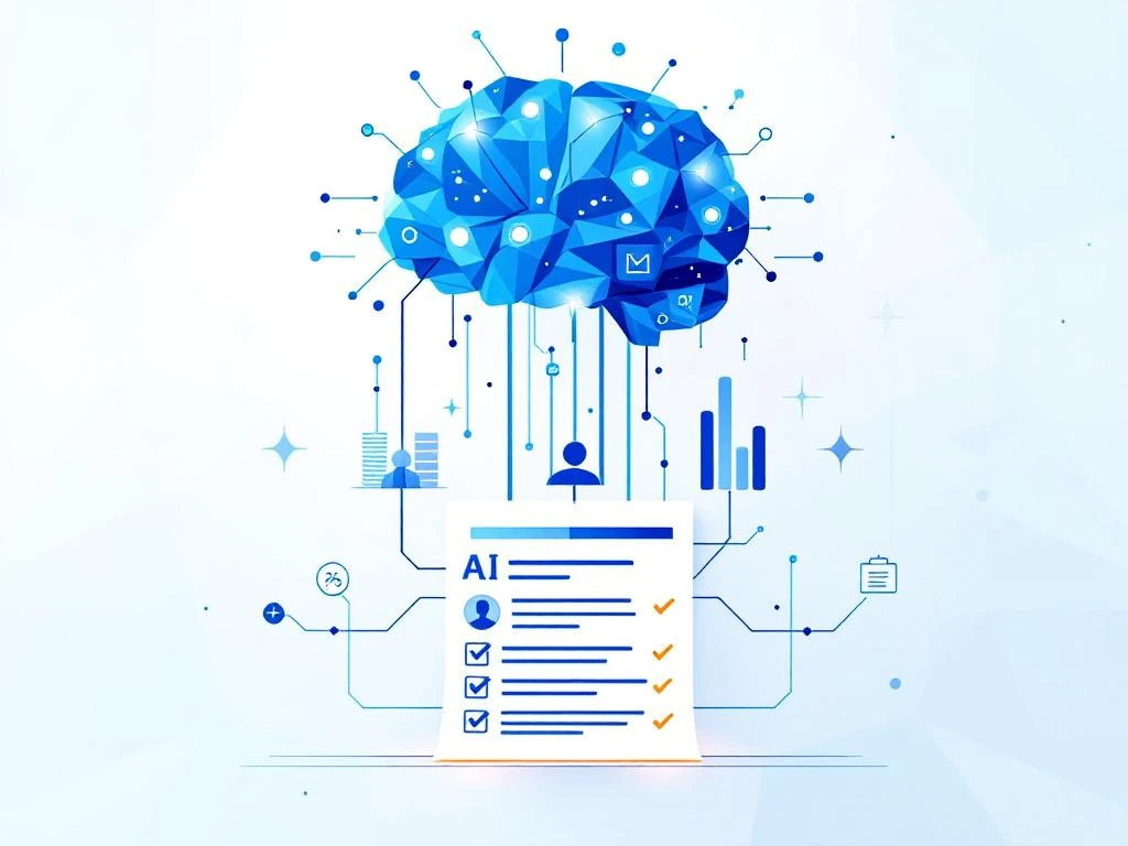 AI-hersennetwerk analyseert cv-document met digitale datastromen en beoordelingsmetrieken in moderne blauwe illustratie