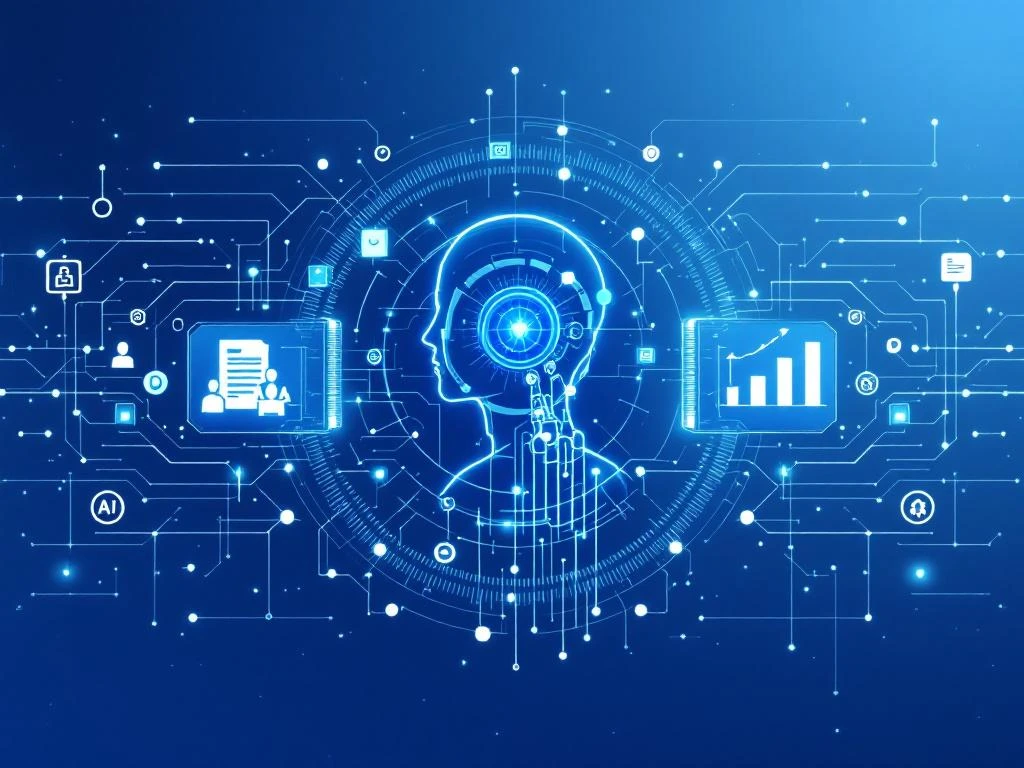 Weegschaal met AI-technologie symbolen en recruitment-elementen in blauw-witte huisstijl voor besluitvorming