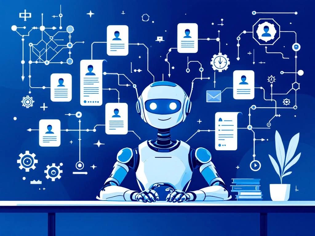 AI-robot organiseert cv's en kandidaatprofielen op modern bureau met digitale workflows en verbindingsnetwerken