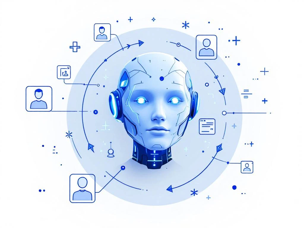 Futuristische AI-robot met blauwe circuits omringd door cv-iconen en kandidaatprofielen voor recruitmentoptimalisatie