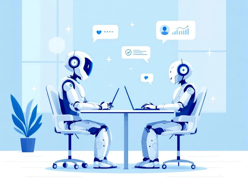 Blauwe en witte robot voert sollicitatiegesprek in modern kantoor met digitale elementen en lege stoel