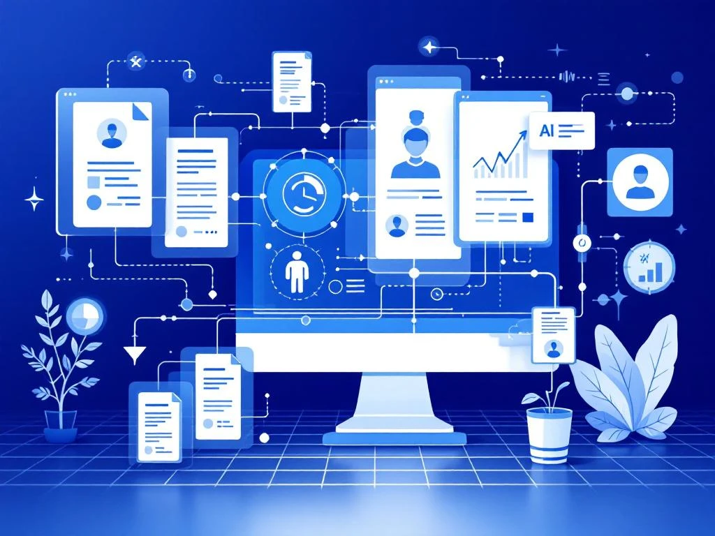 Moderne digitale wervingsworkflow met AI-aangedreven sorteerproces en geautomatiseerde kandidaatprofielen in blauw-wit design